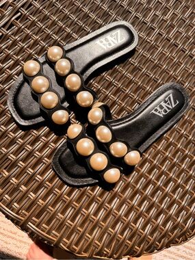 Zara Black Slide Sandals with Cream Pearl Embellishments